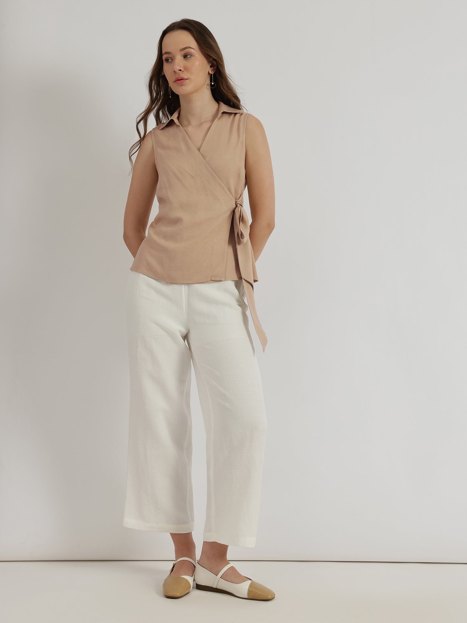 V-Neck Wrap Top - Beige