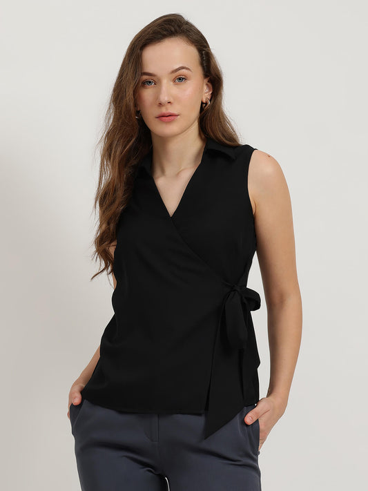 V-Neck Wrap Top - Black