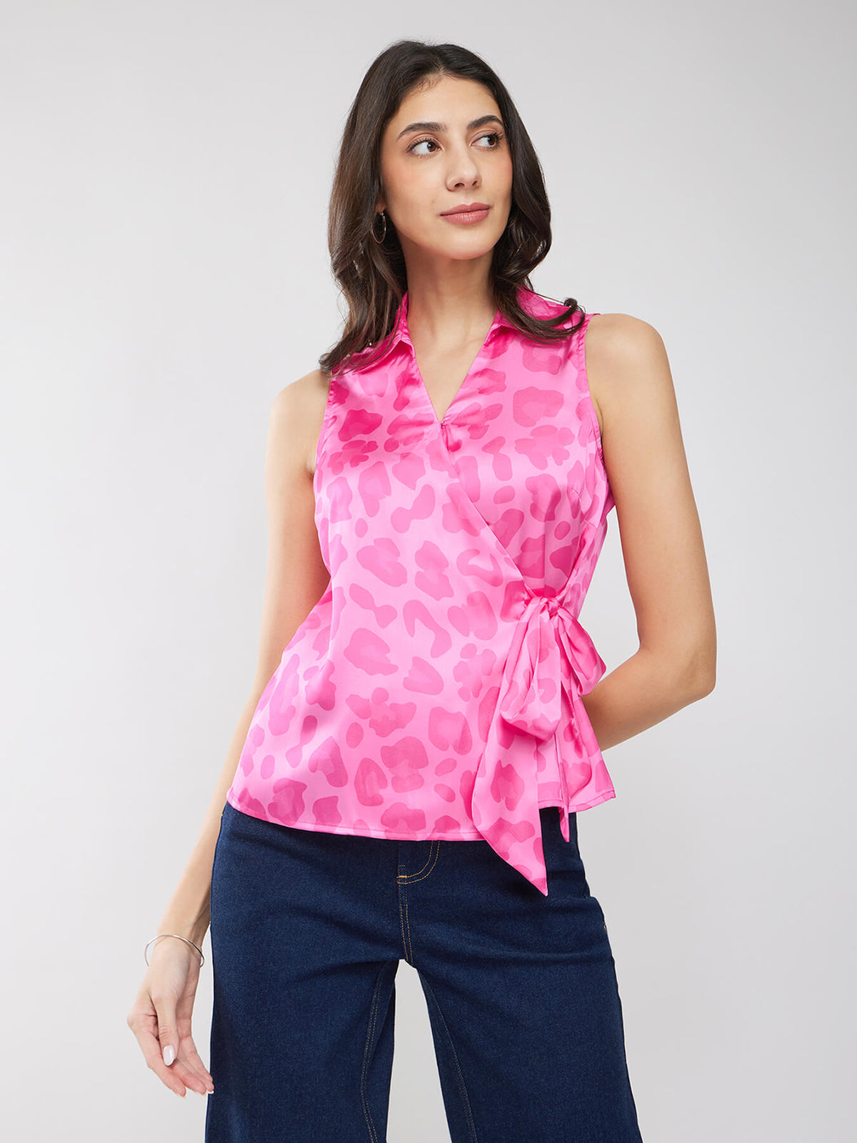 Satin Floral Print Wrap Top - Pink