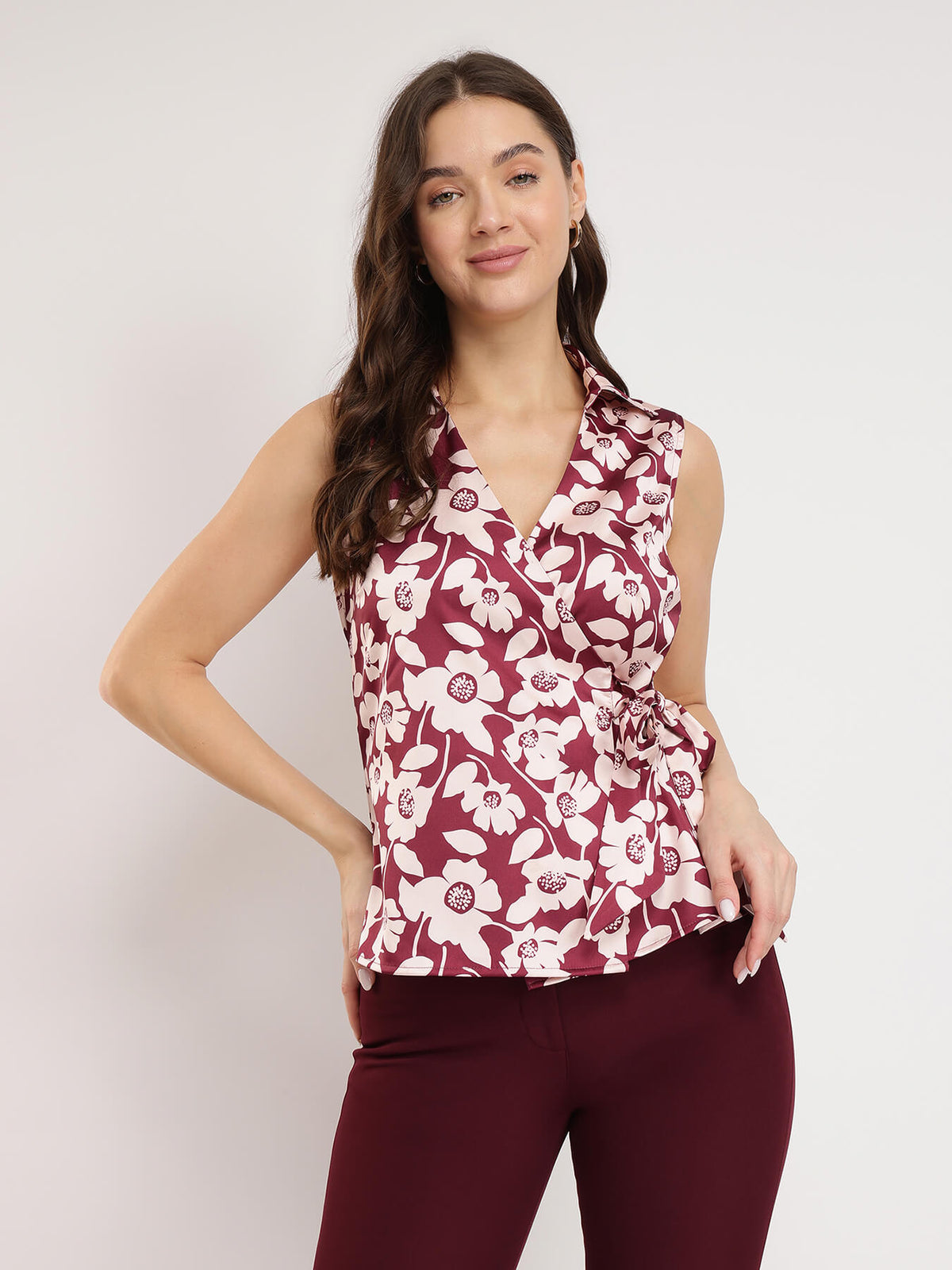 Stretchable Satin Floral Wrap Top - Burgundy