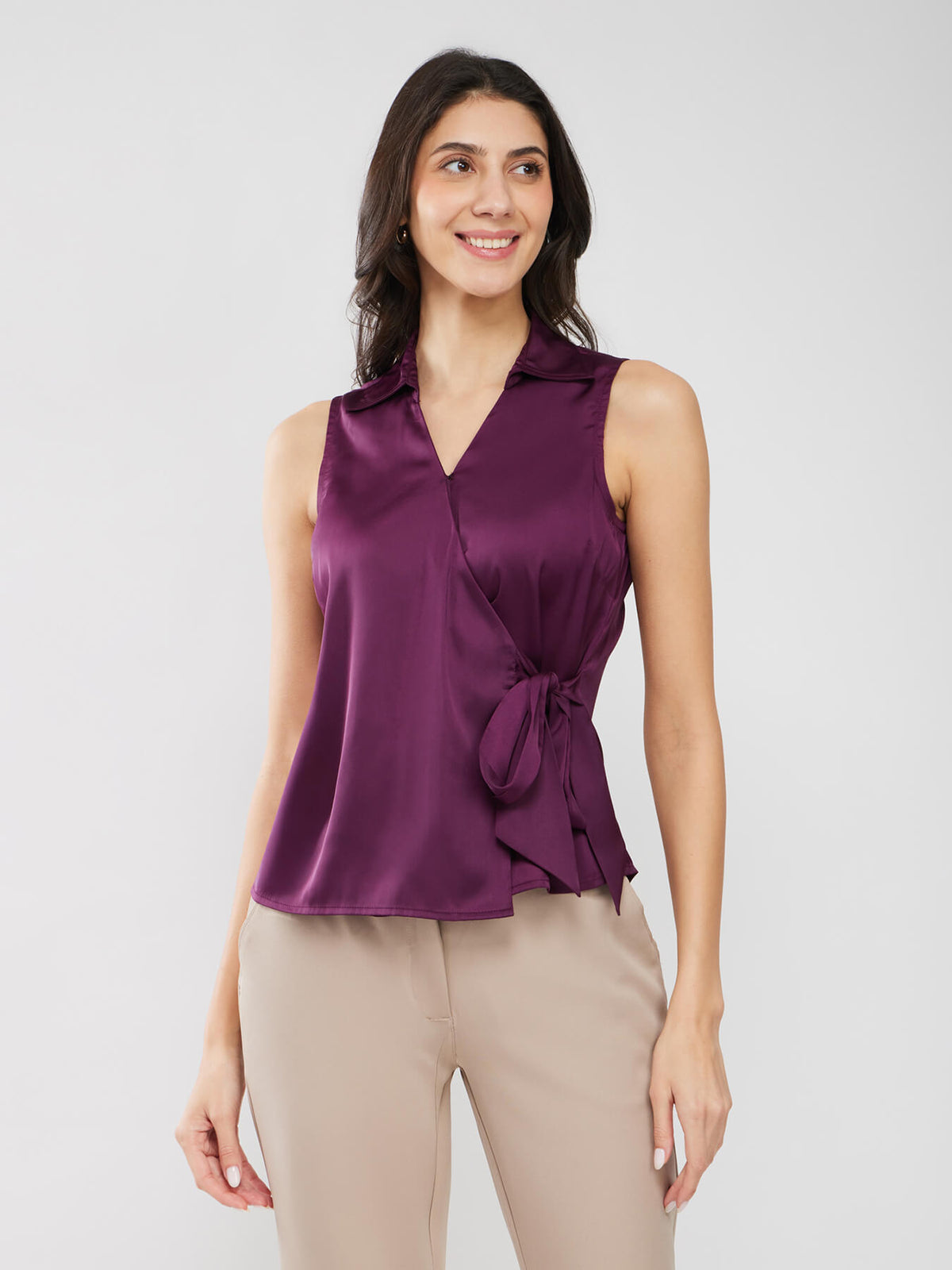 Satin Wrap Top - Plum