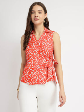 Floral Wrap Top - Red