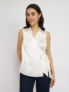 Satin Wrap Top - Off White