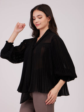 Flared Pleated Top - Black