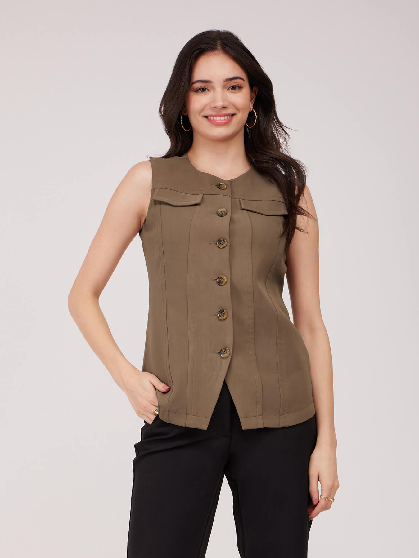 Round Neck Waistcoat - Brown