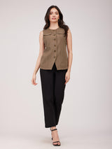 Round Neck Waistcoat - Brown