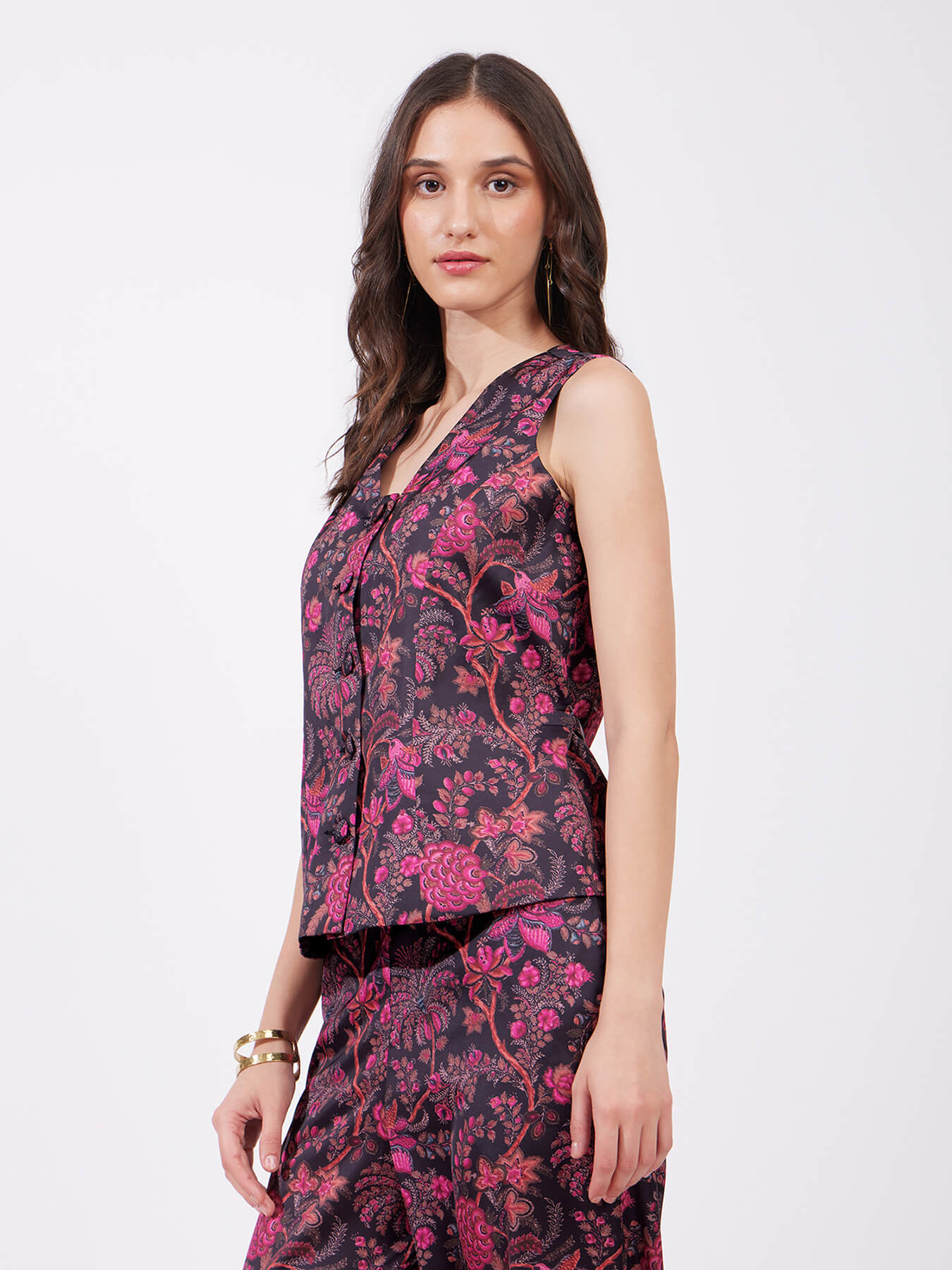 Satin Floral Waistcoat - Pink And Black