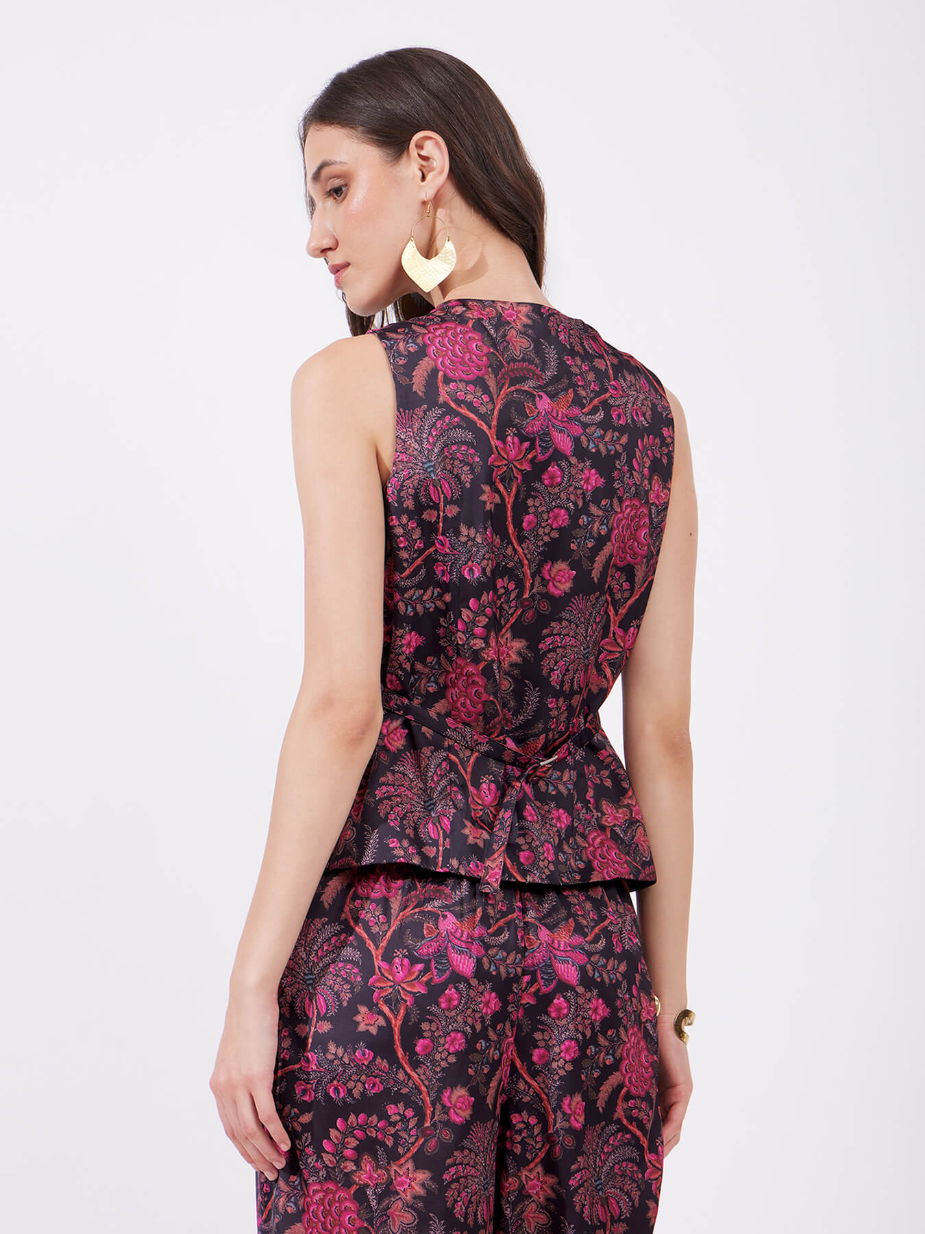 Satin Floral Waistcoat - Pink And Black