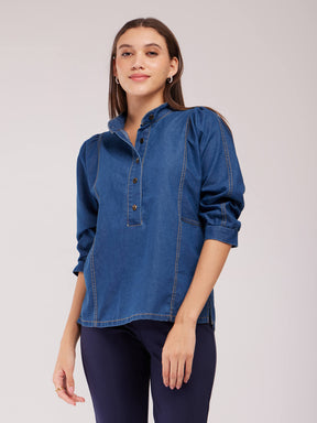 Mandarin Collar Denim Top - Blue