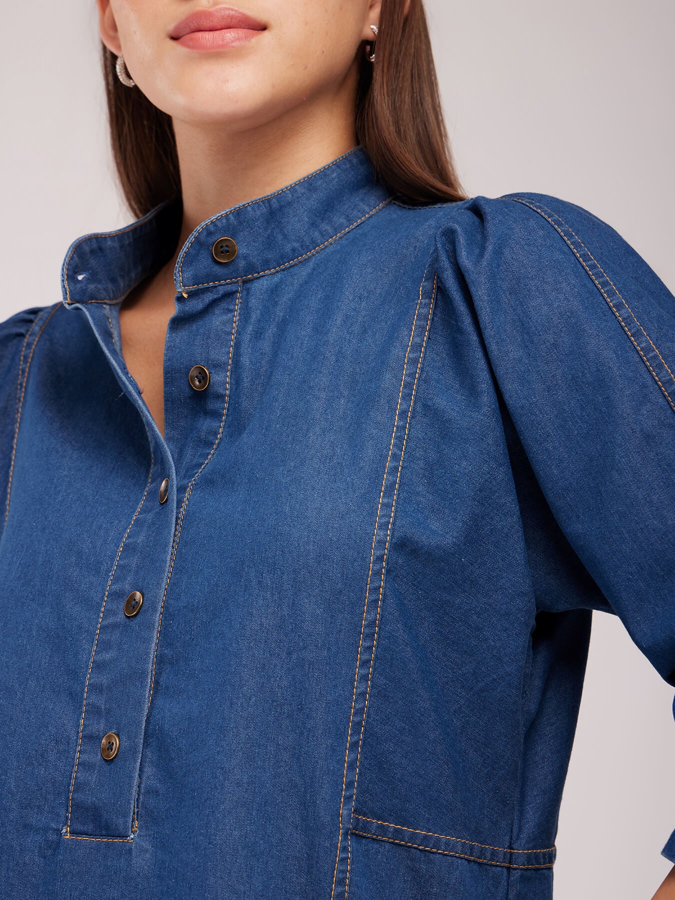 Mandarin Collar Denim Top - Blue