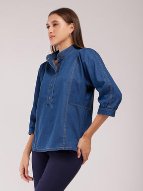 Mandarin Collar Denim Top - Blue