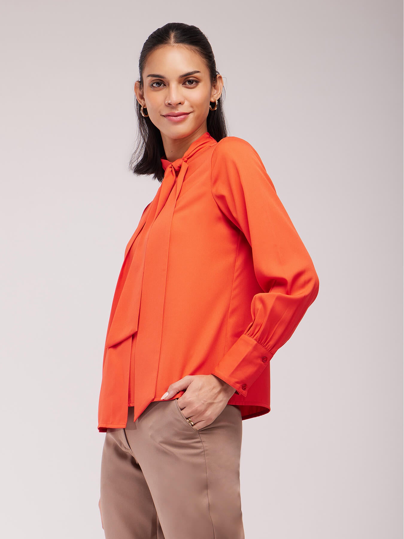 Front Pleated Tie-up Top - Orange