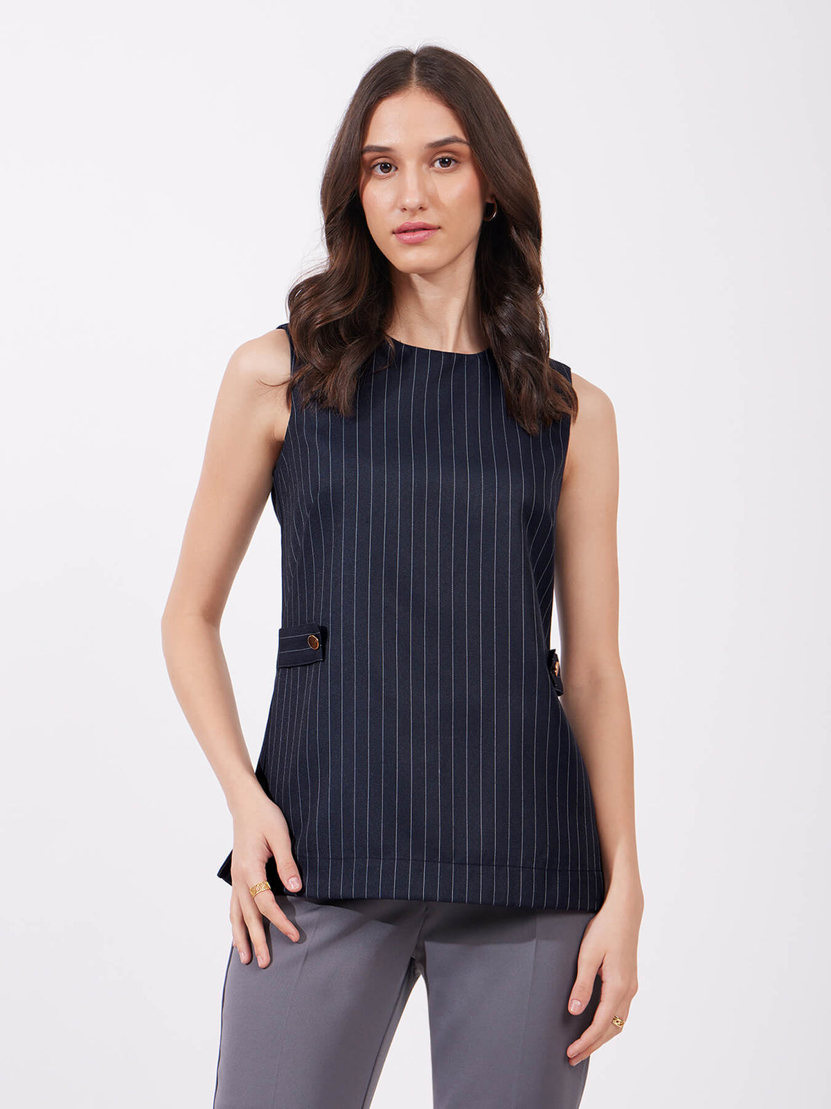 Pinstripe Round Neck Top - Navy Blue