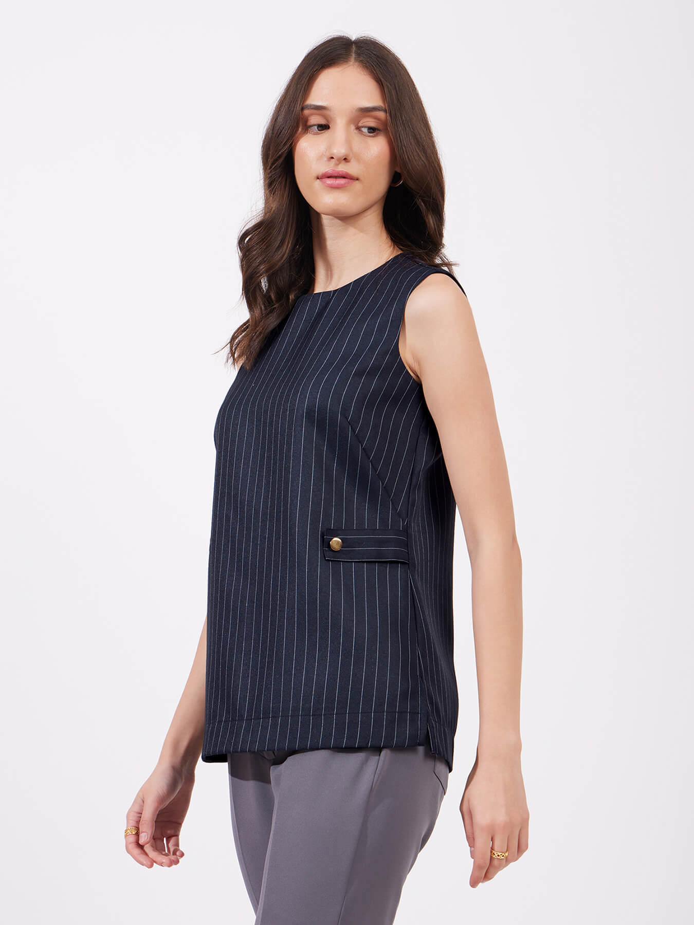 Pinstripe Round Neck Top - Navy Blue