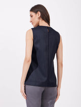 Pinstripe Round Neck Top - Navy Blue