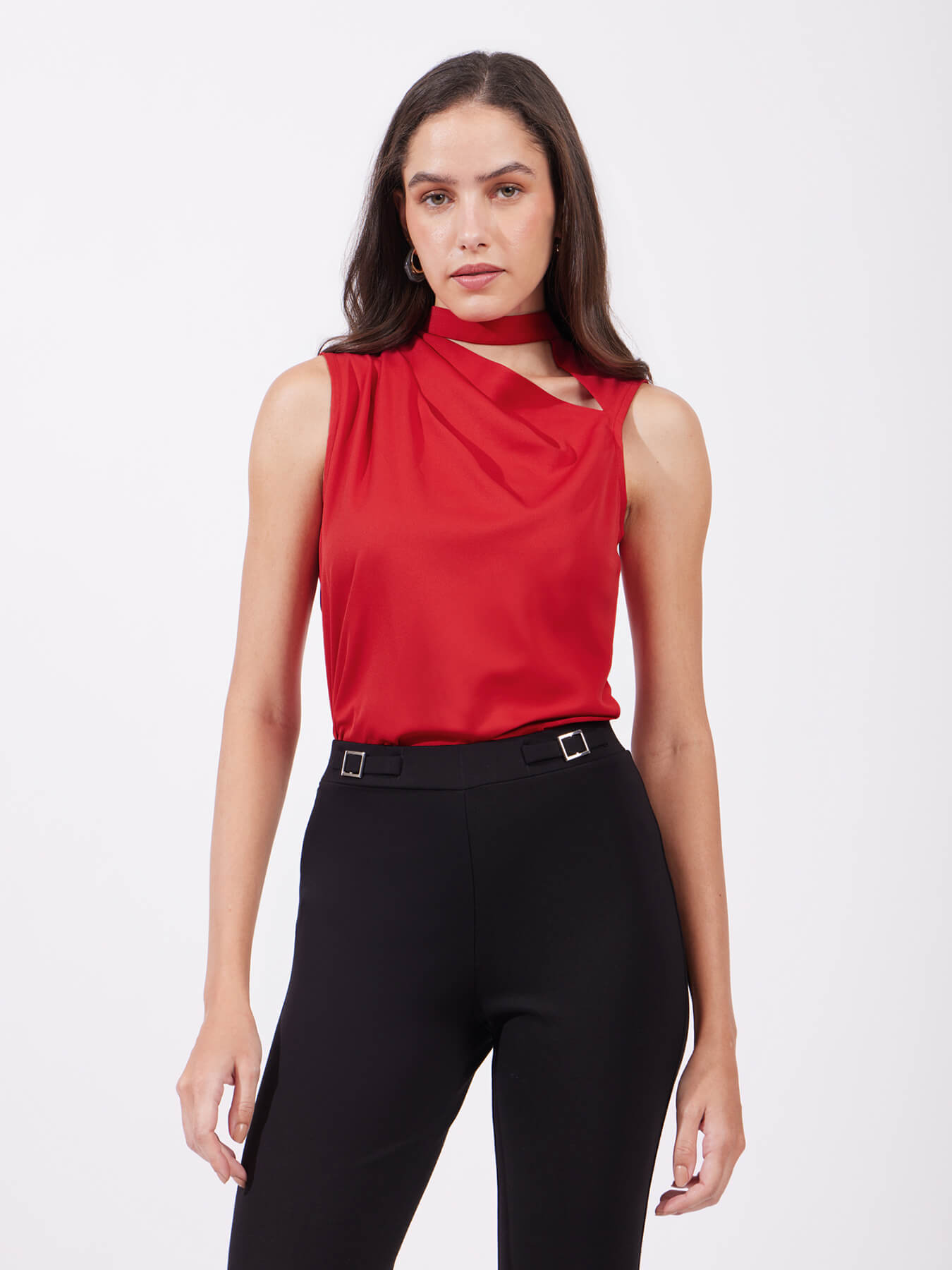 High Neck Cutout Detail Top - Red