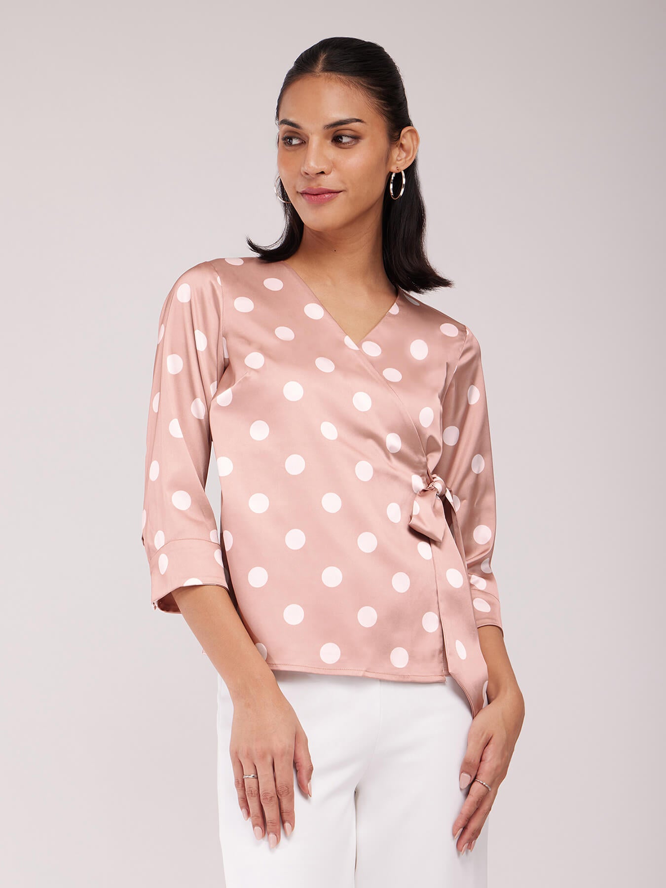 Satin Wrap Top - Pink And Off White