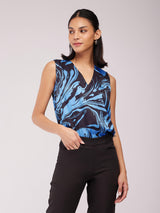 Satin Marble Print Top - Blue And Black