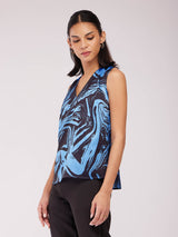 Satin Marble Print Top - Blue And Black