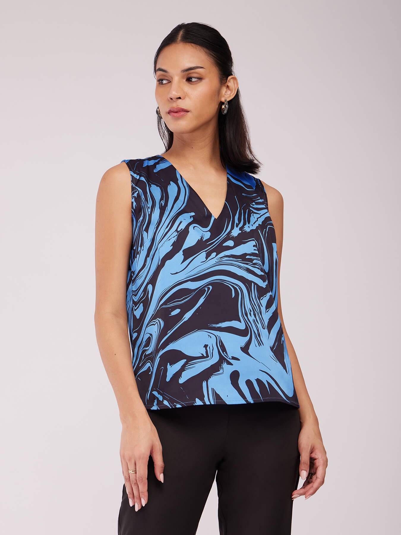 Satin Marble Print Top - Blue And Black