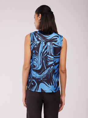 Satin Marble Print Top - Blue And Black