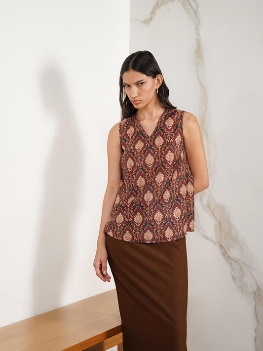 V-neck Paisley Print Top - Brown