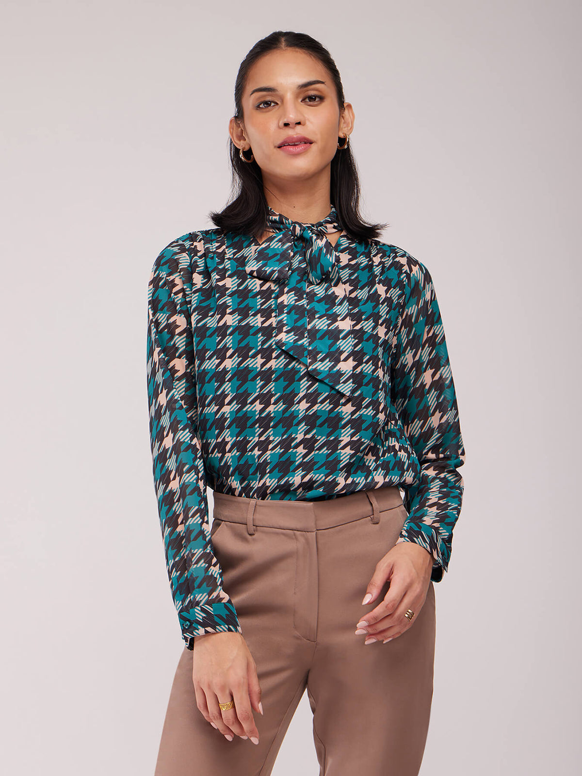 Houndstooth Print Top - Teal