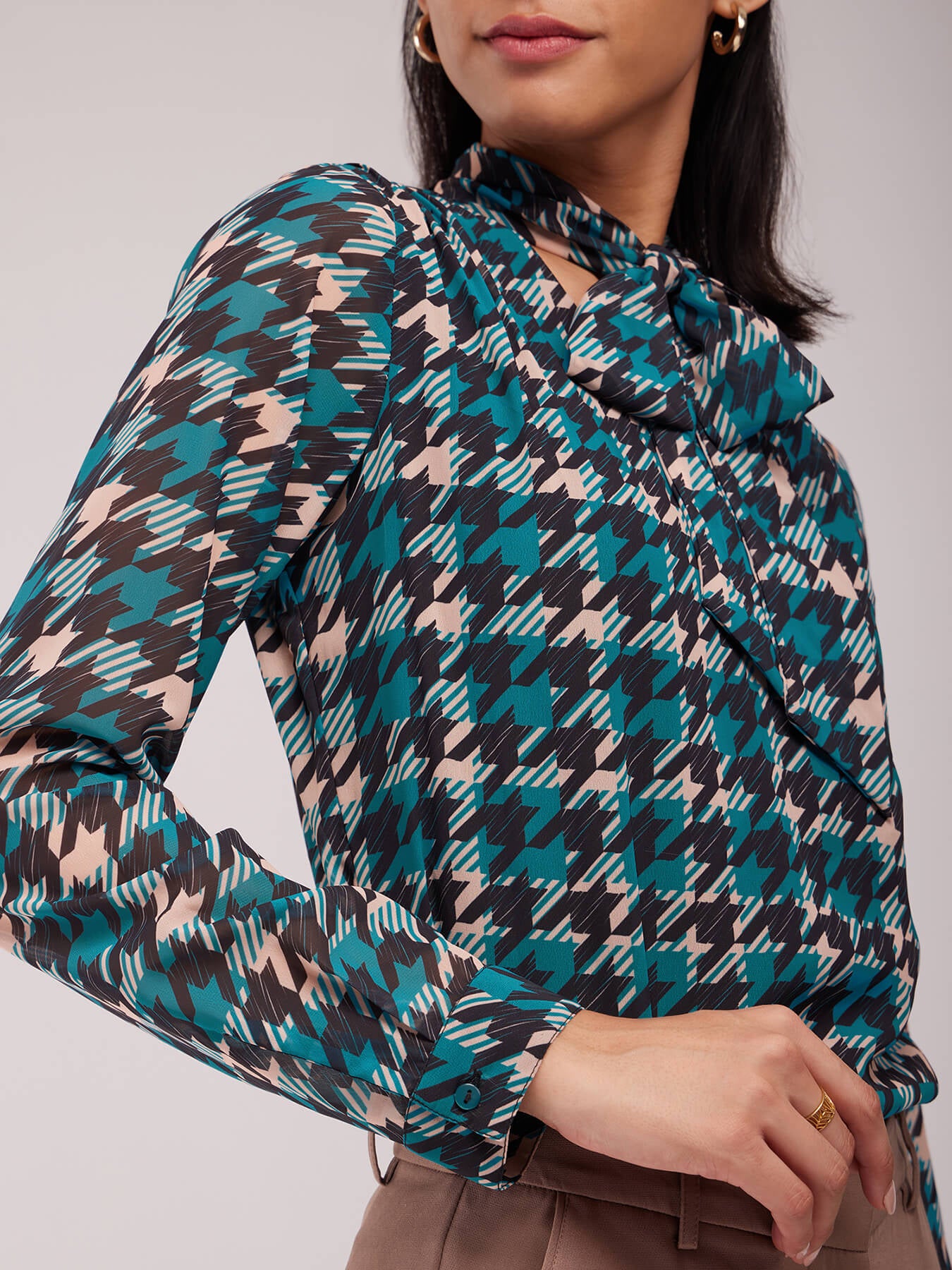 Houndstooth Print Top - Teal