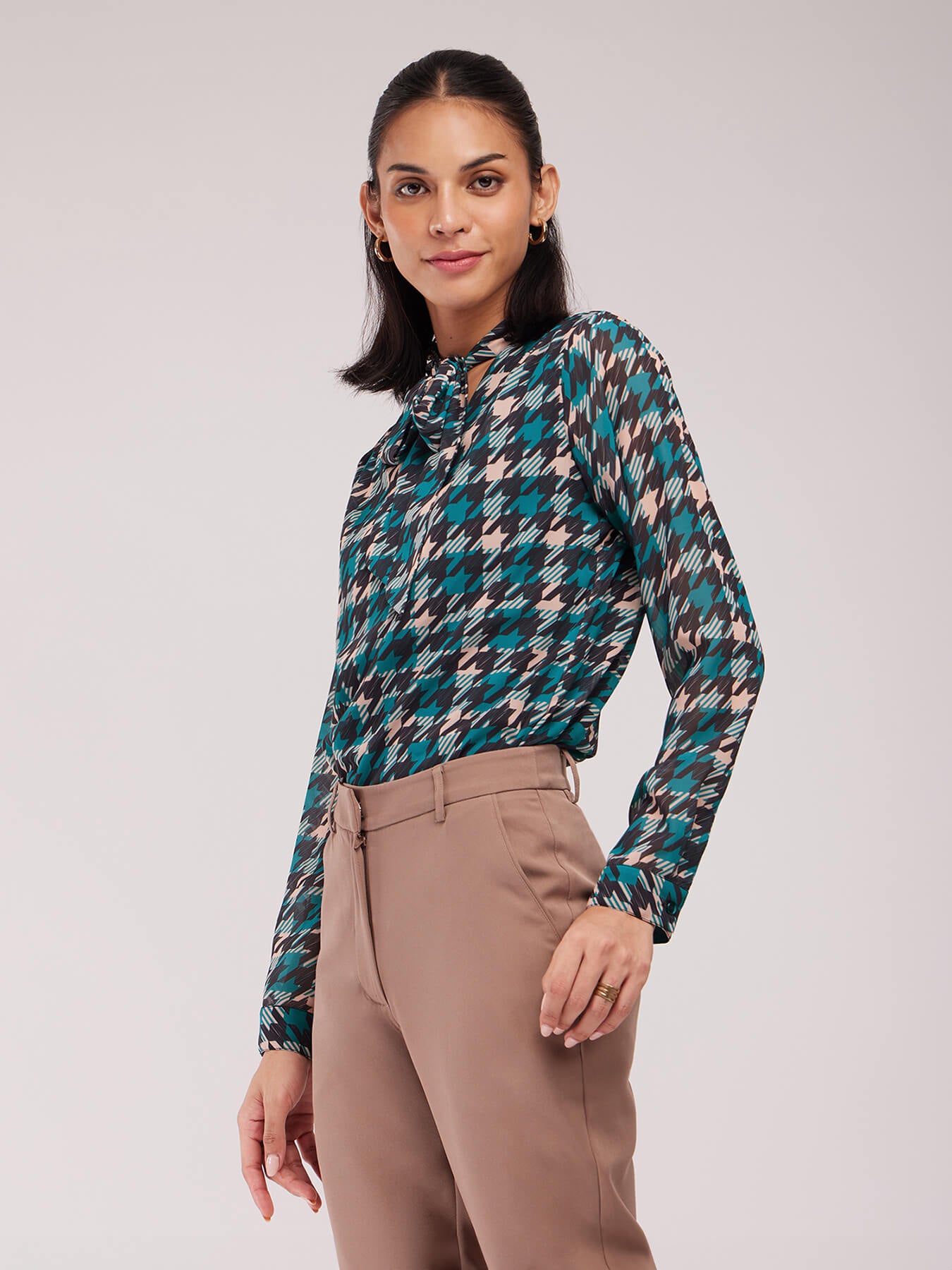 Houndstooth Print Top - Teal