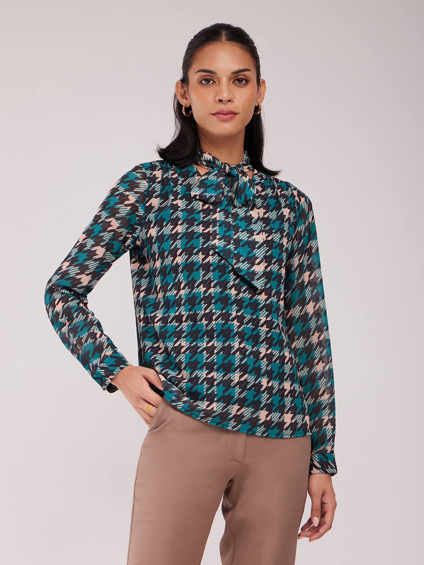 Houndstooth Print Top - Teal