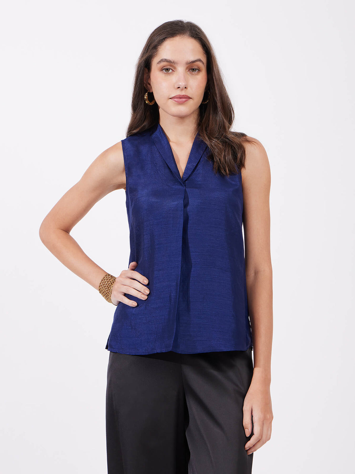 Silk Shawl Collar Top - Navy Blue