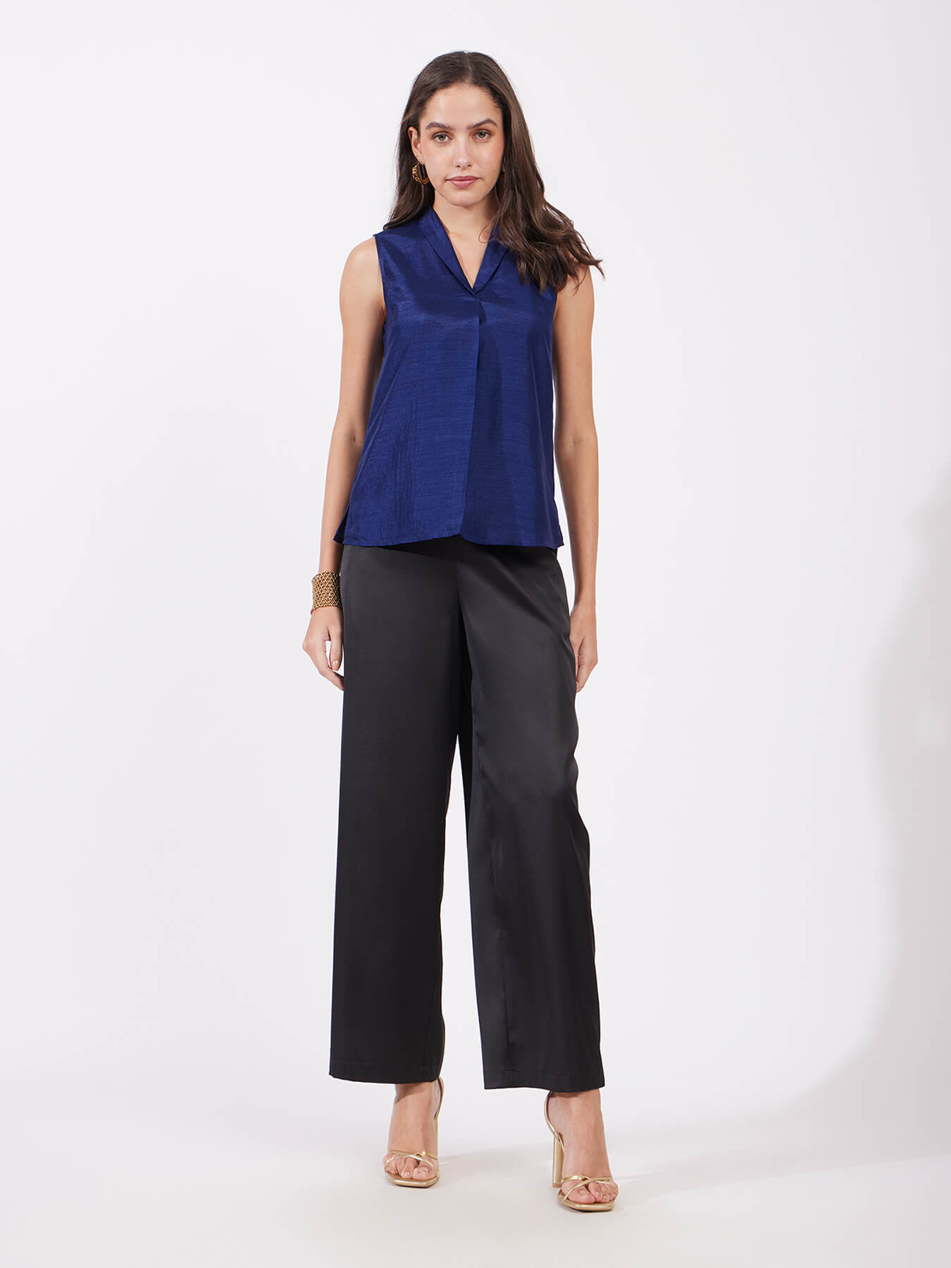 Silk Shawl Collar Top - Navy Blue