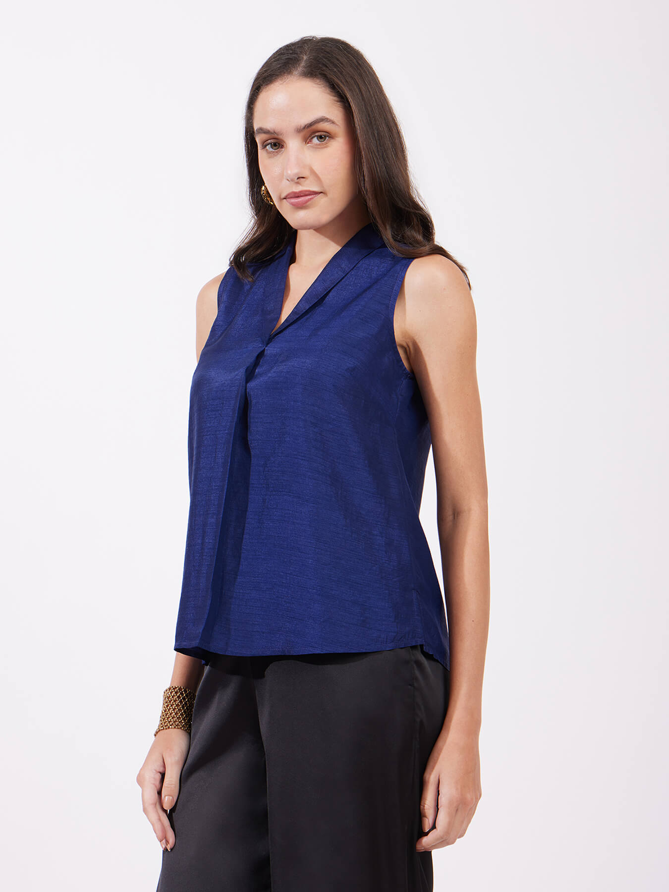 Silk Shawl Collar Top - Navy Blue