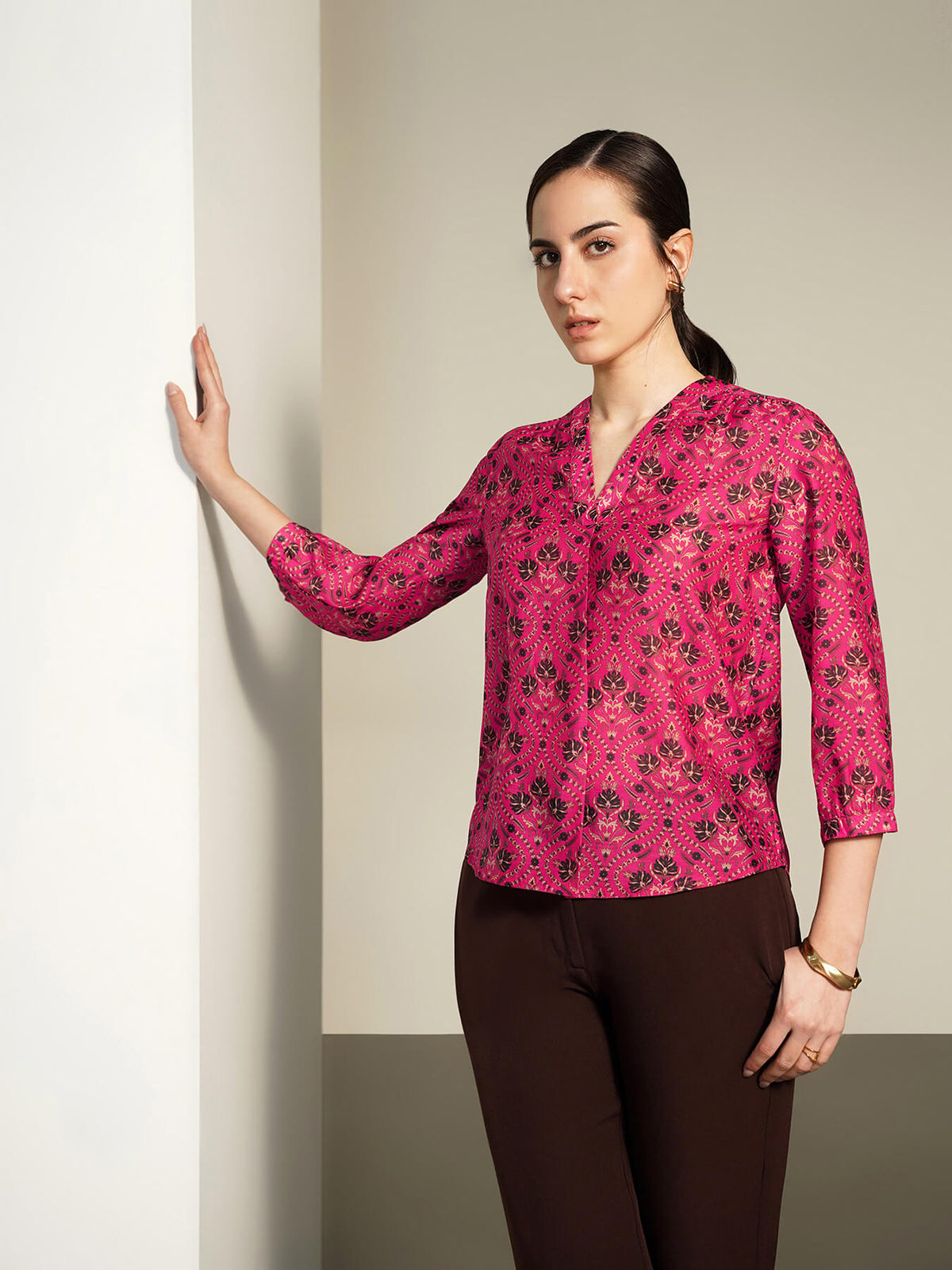 Printed V-neck Top - Pink