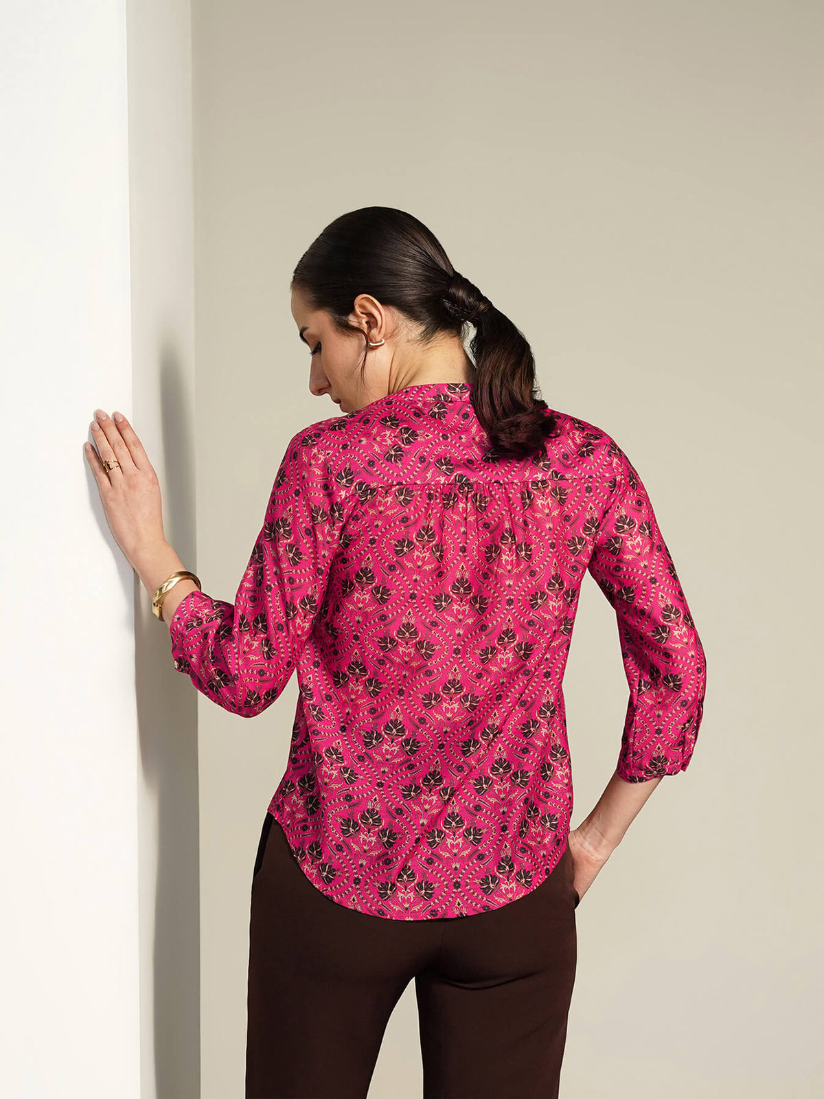 Printed V-neck Top - Pink