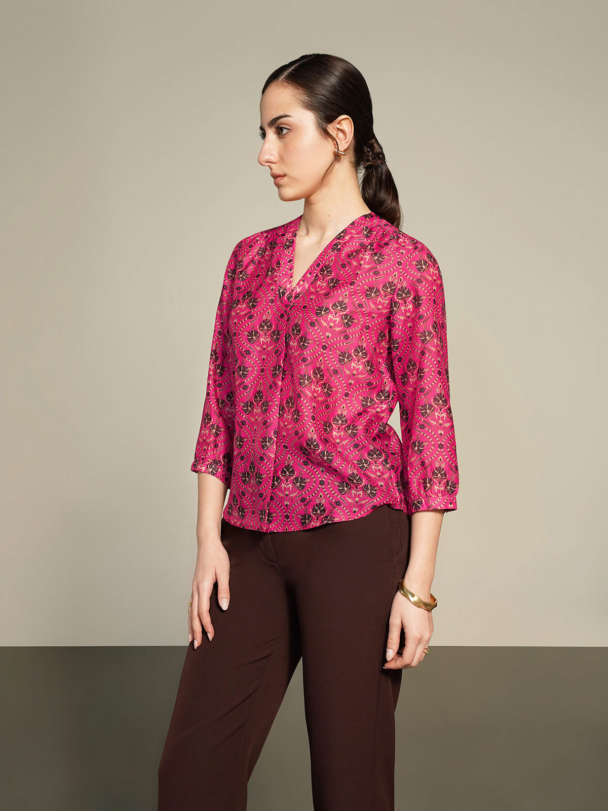 Printed V-neck Top - Pink