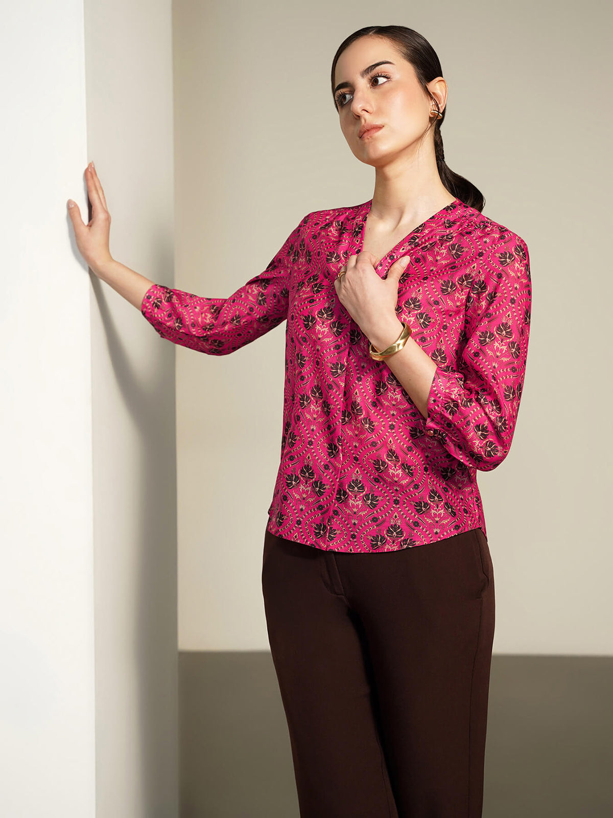 Printed V-neck Top - Pink