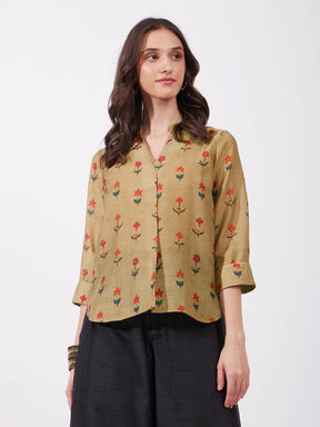 Chanderi Floral Pleated Top - Mustard