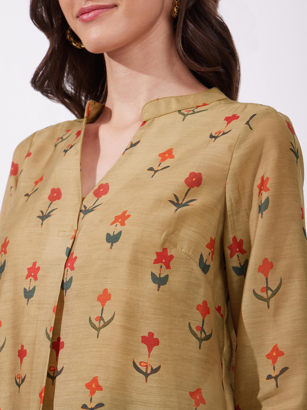 Chanderi Floral Pleated Top - Mustard