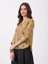 Chanderi Floral Pleated Top - Mustard