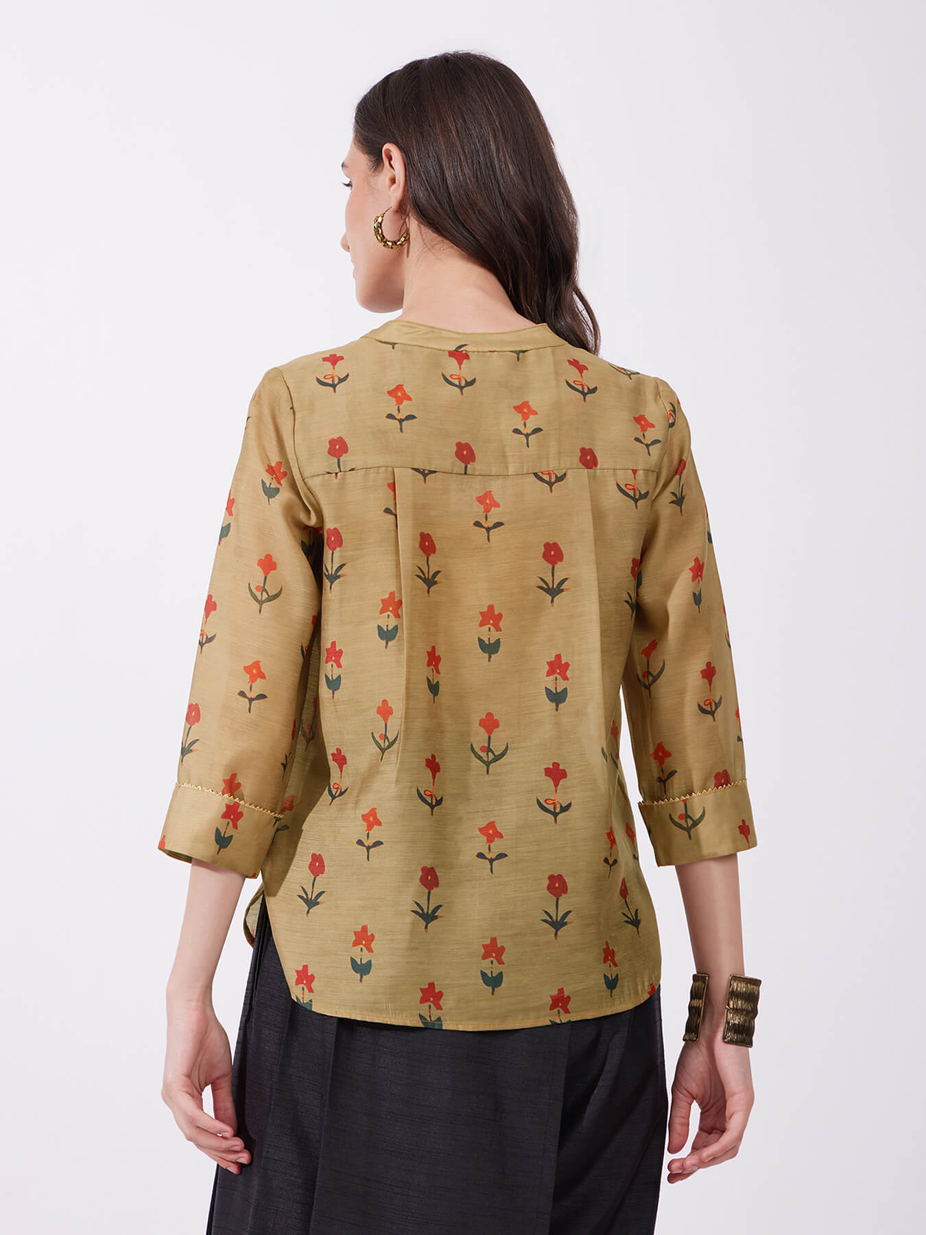 Chanderi Floral Pleated Top - Mustard