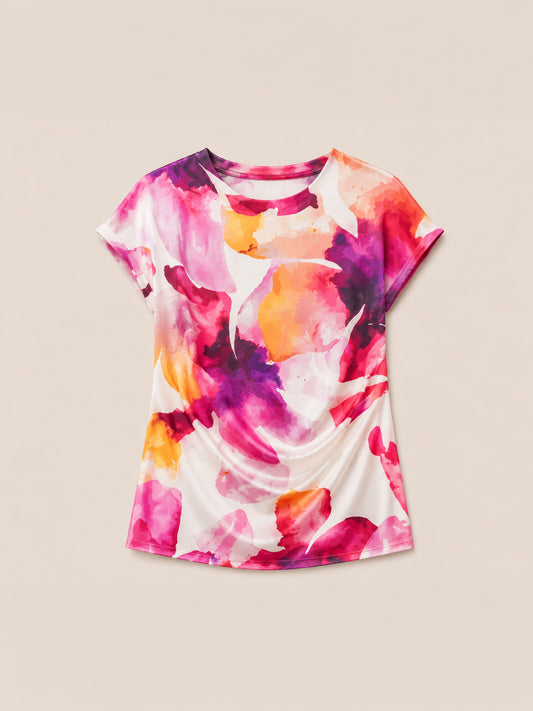 Satin Gathered Floral Top - White And Pink