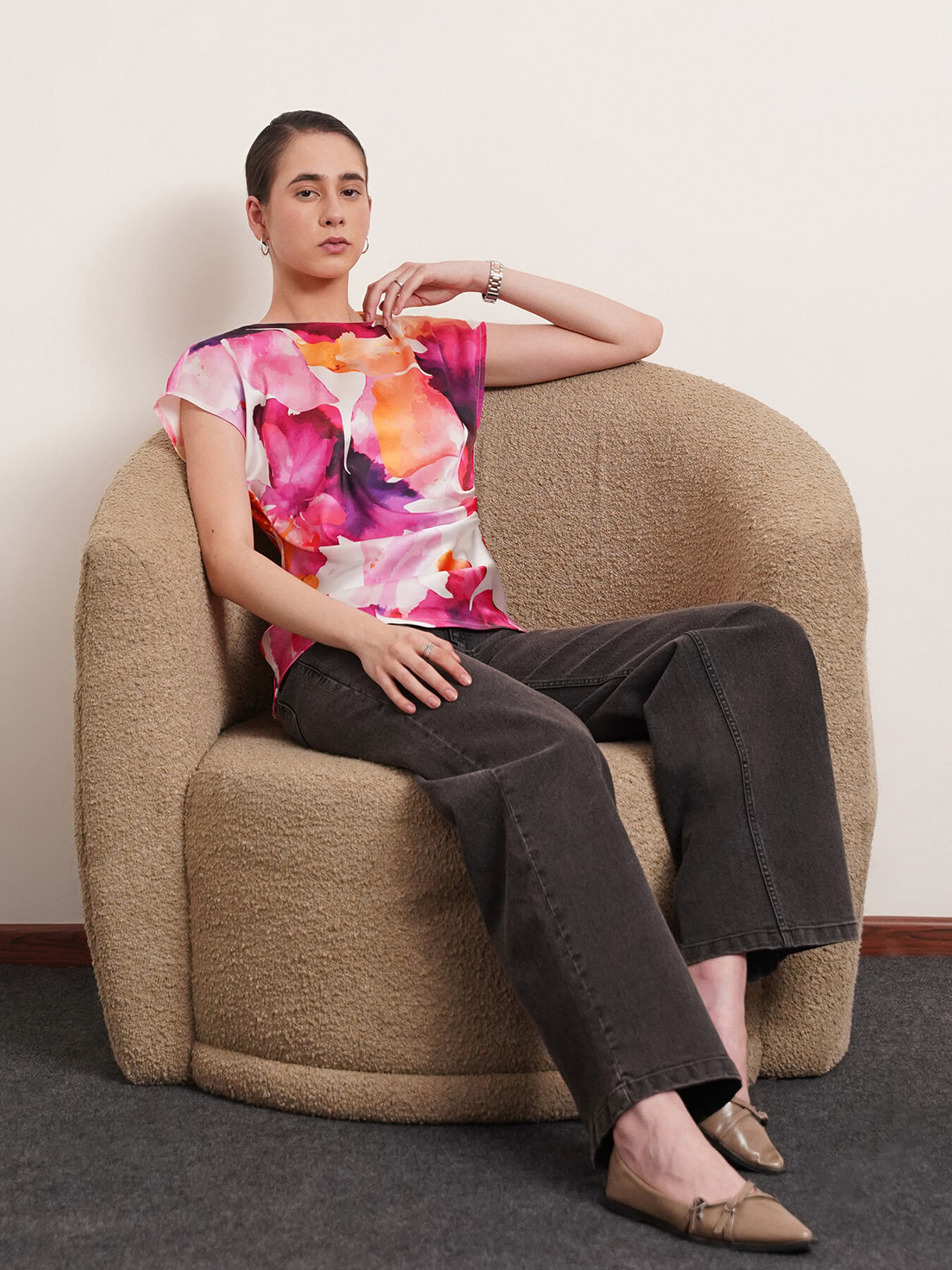 Satin Gathered Floral Top - White And Pink