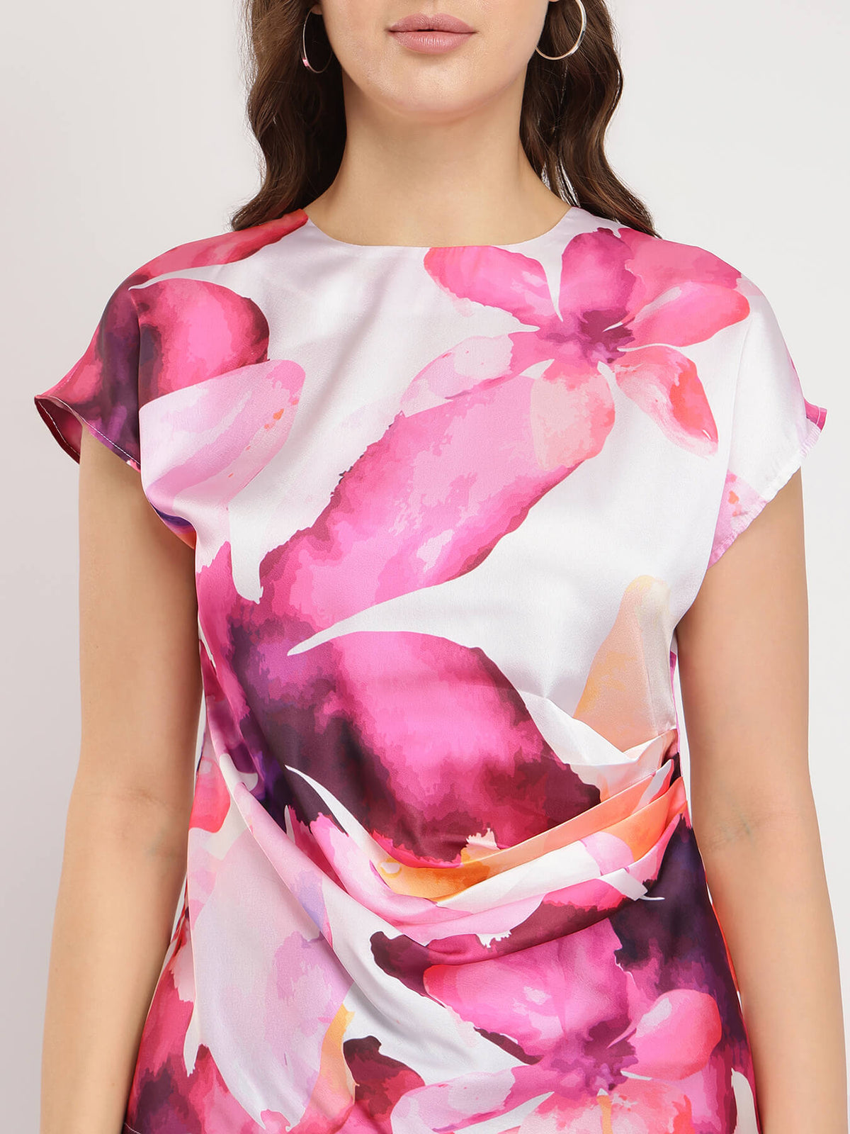 Satin Gathered Floral Top - White And Pink