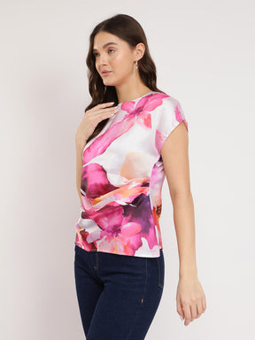 Satin Gathered Floral Top - White And Pink