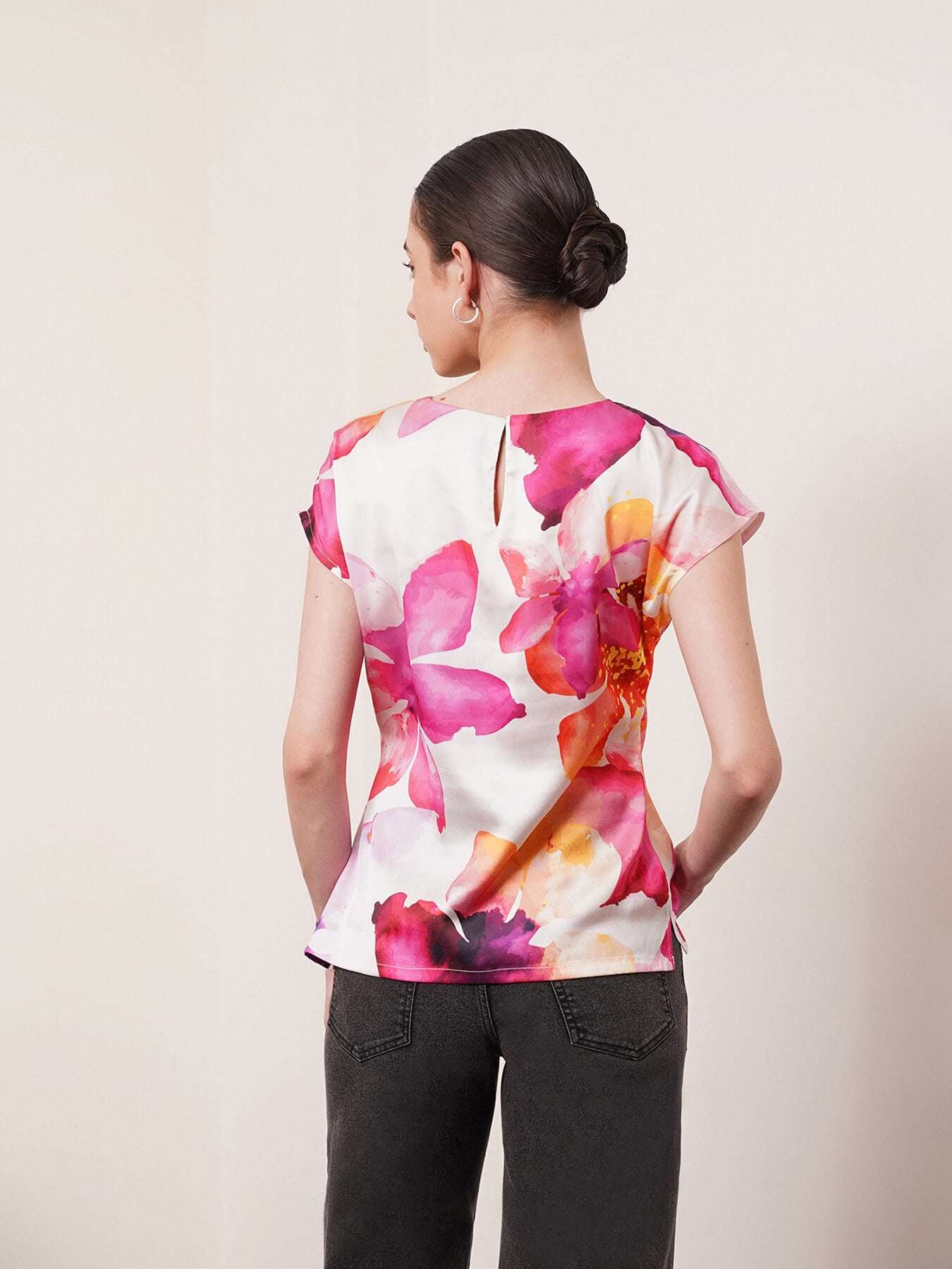 Satin Gathered Floral Top - White And Pink