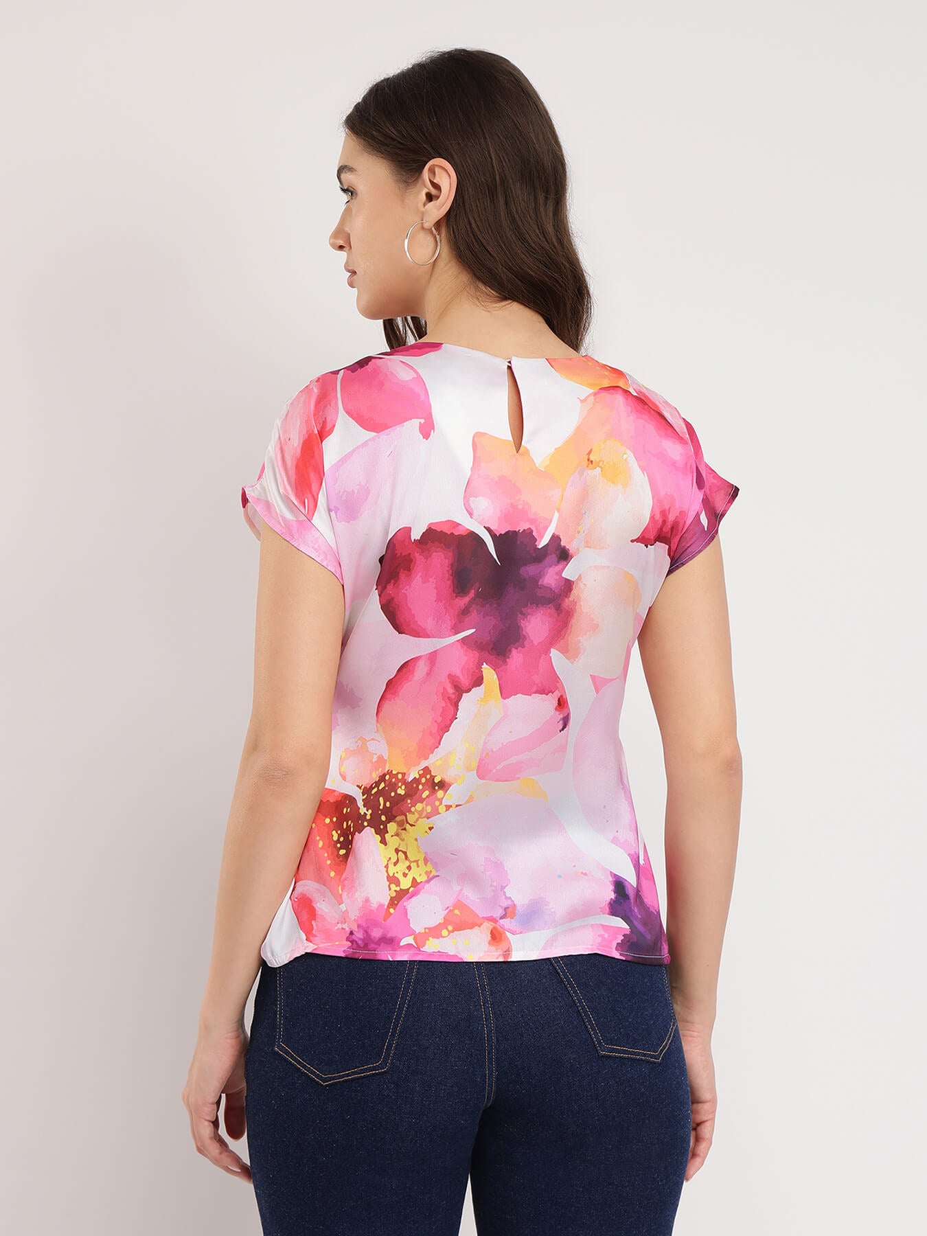 Satin Gathered Floral Top - White And Pink