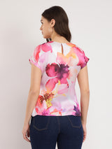 Satin Gathered Floral Top - White And Pink