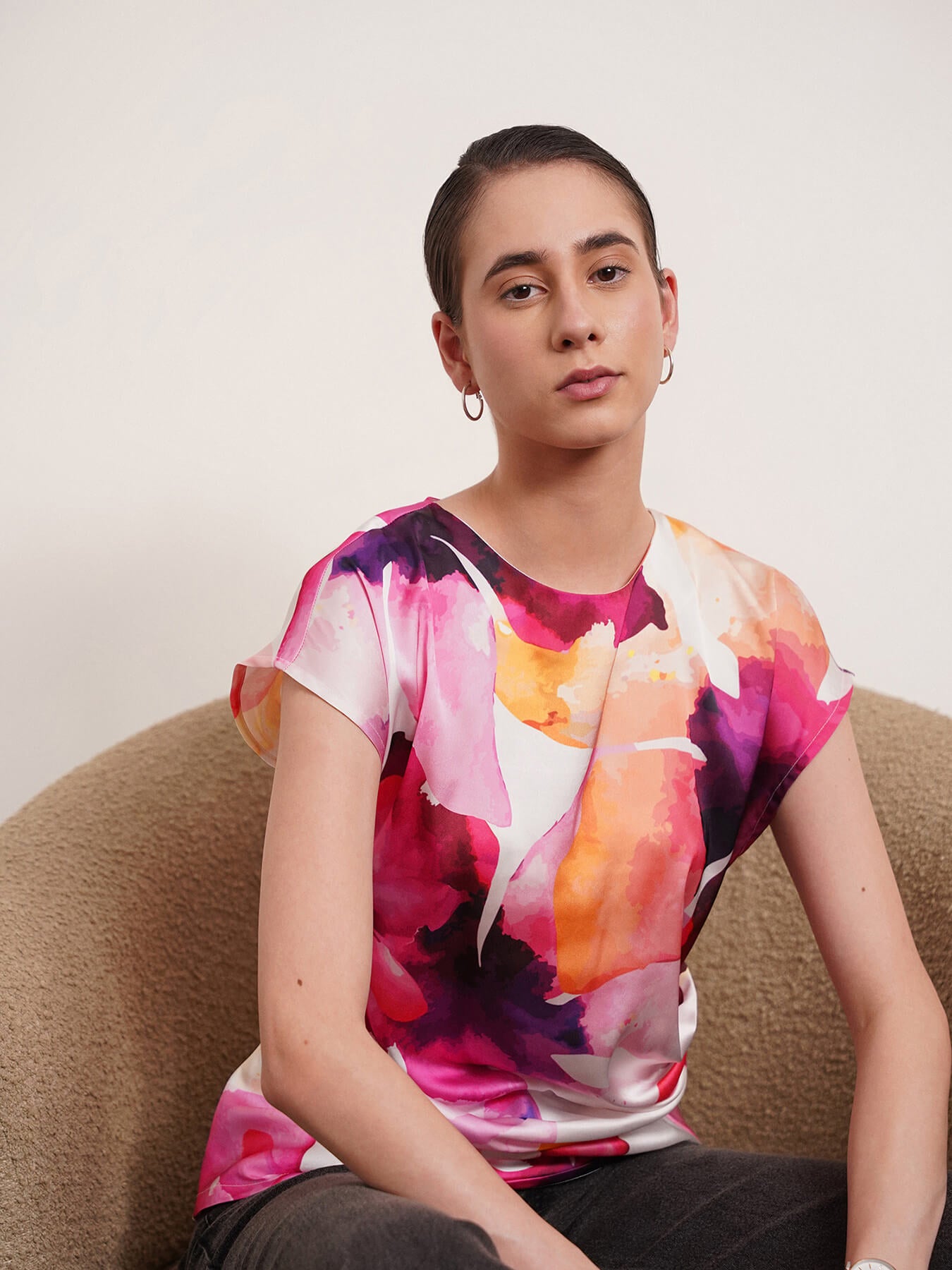 Satin Gathered Floral Top - White And Pink