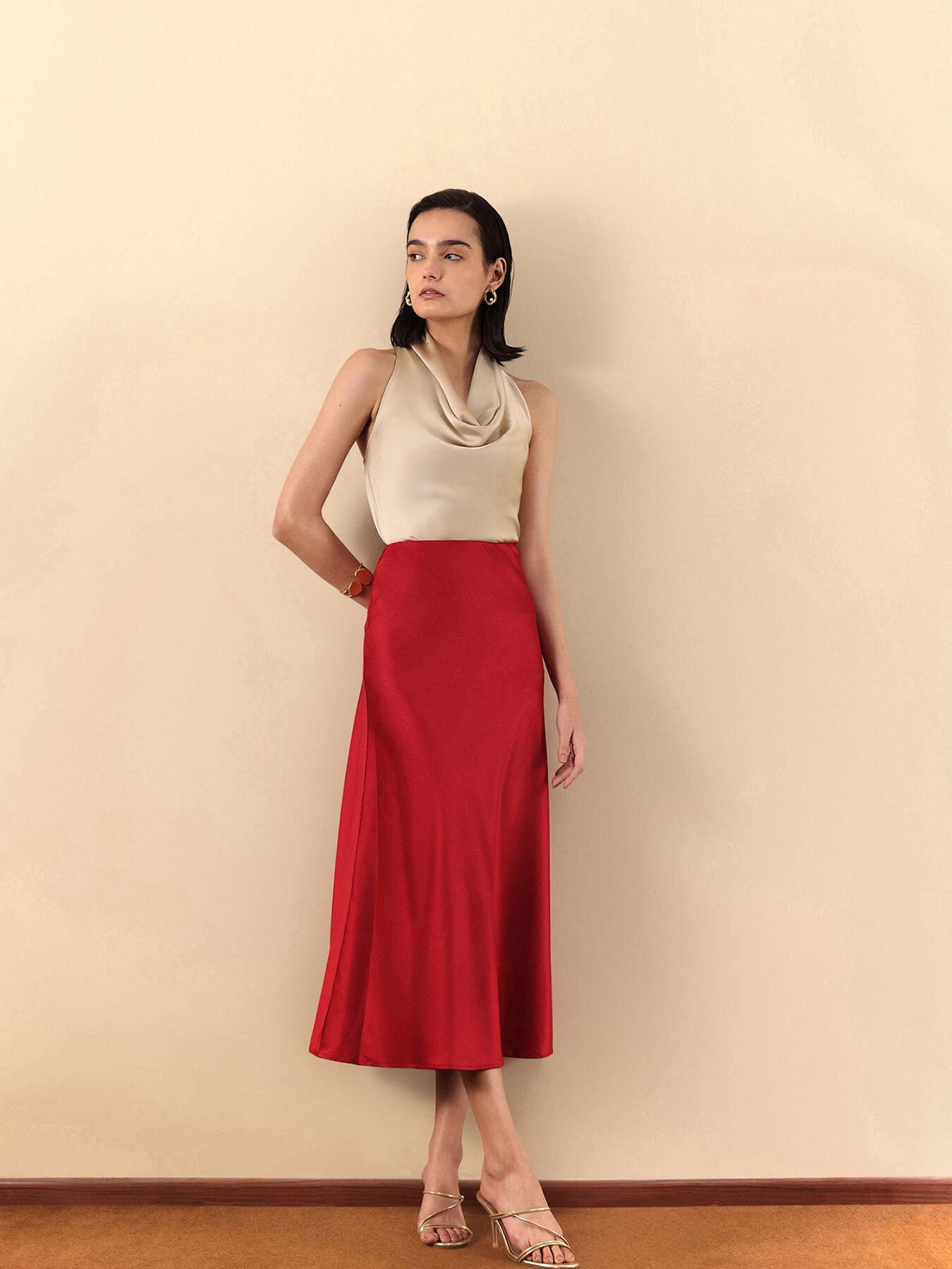 Satin Halter Neck Top - Beige
